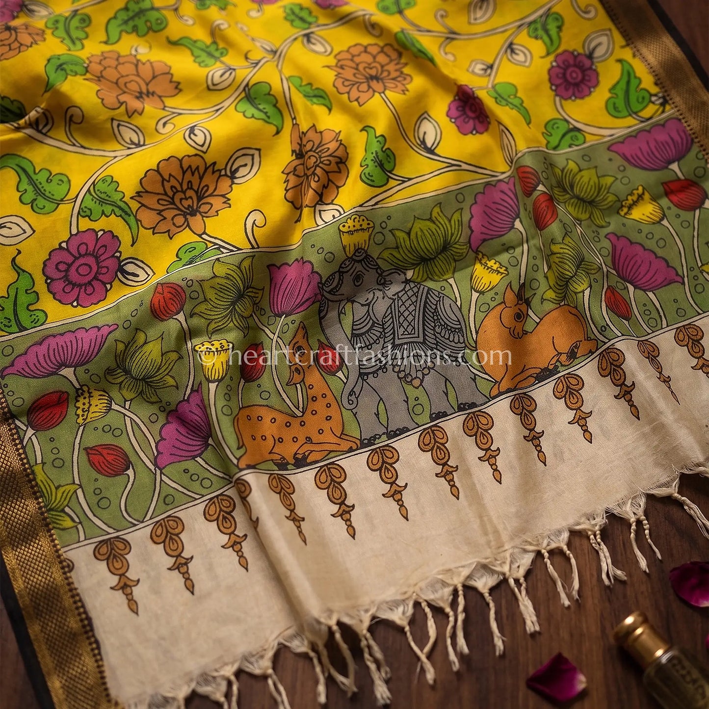 Mustard Yellow Kalamkari Hand Painted Bangalore Silk Floral Creeper Dupatta