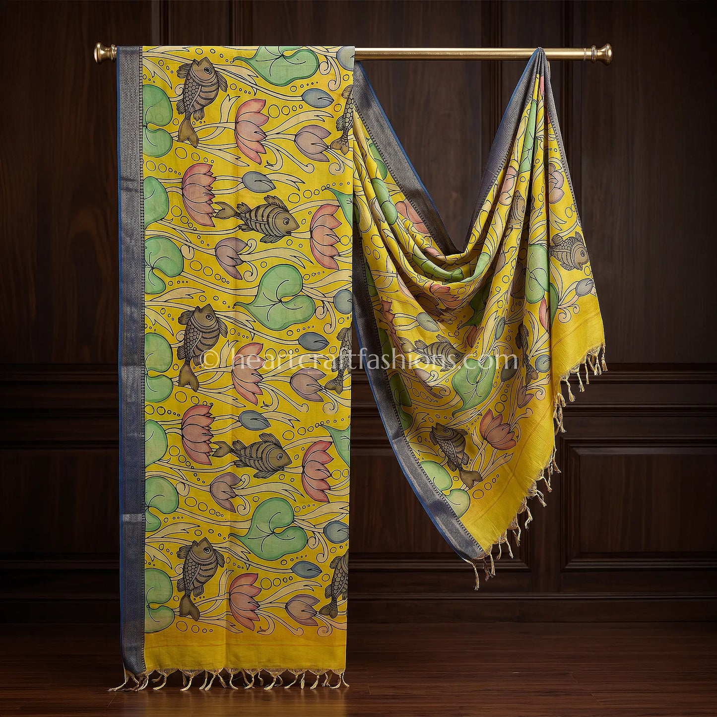 Mustard Yellow Kalamkari Hand Painted Bangalore Silk Lotus Dupatta