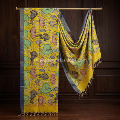 Mustard Yellow Kalamkari Hand Painted Bangalore Silk Lotus Dupatta