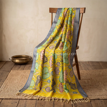 Mustard Yellow Kalamkari Hand Painted Bangalore Silk Lotus Dupatta