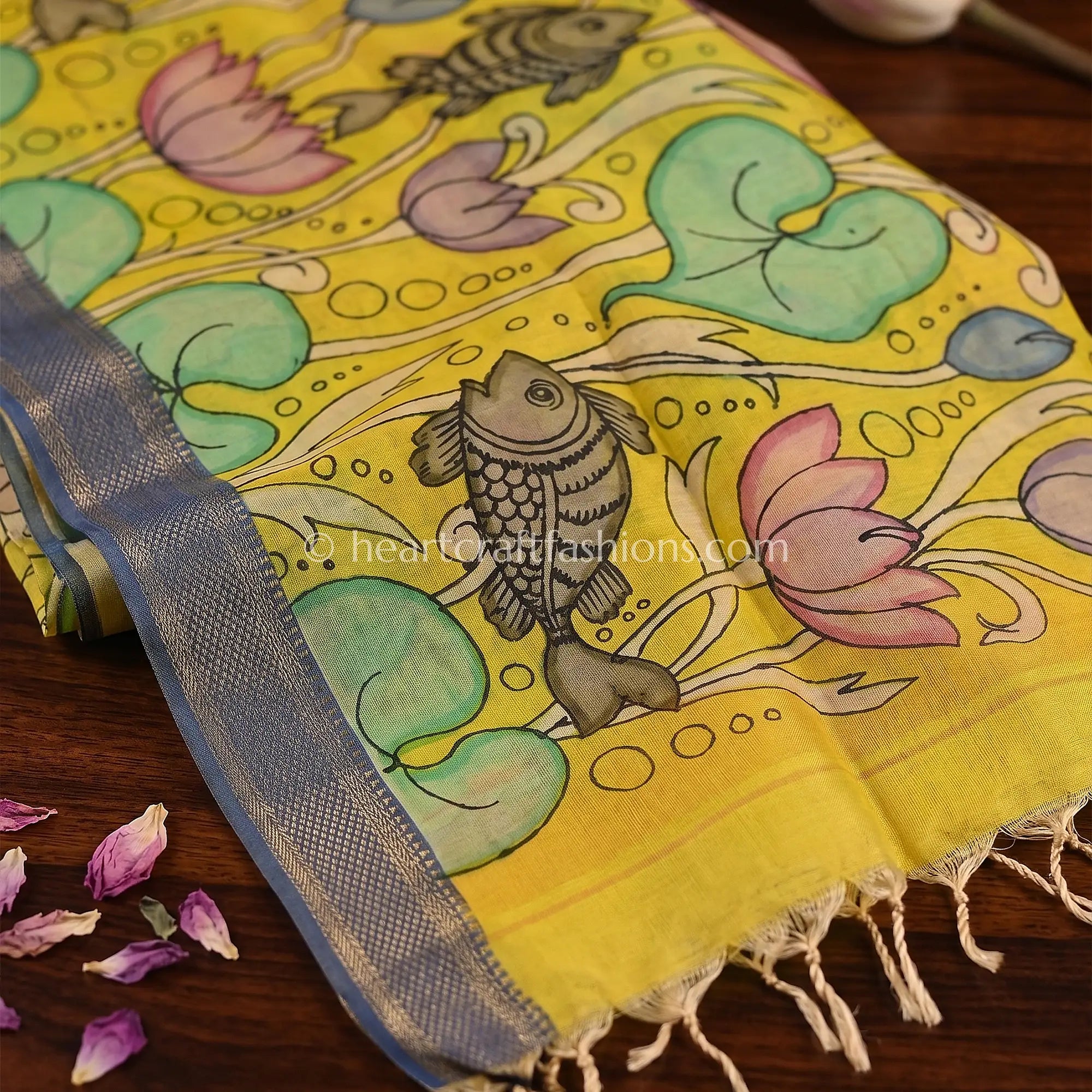 Mustard Yellow Kalamkari Hand Painted Bangalore Silk Lotus Dupatta