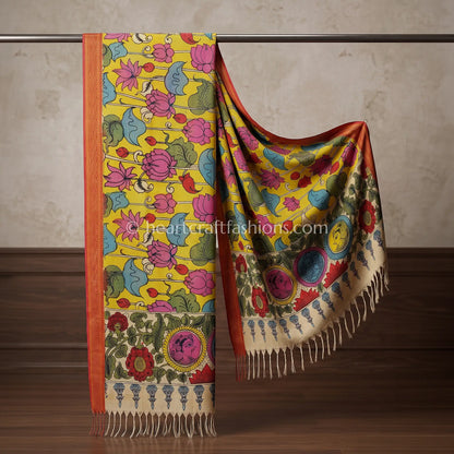 Mustard Yellow Kalamkari Hand Painted Bangalore Silk Lotus Pond Dupatta