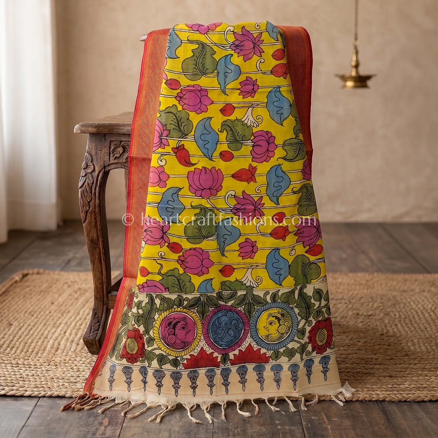 Mustard Yellow Kalamkari Hand Painted Bangalore Silk Lotus Pond Dupatta