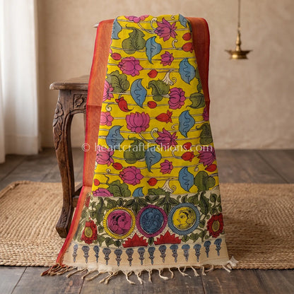 Mustard Yellow Kalamkari Hand Painted Bangalore Silk Lotus Pond Dupatta