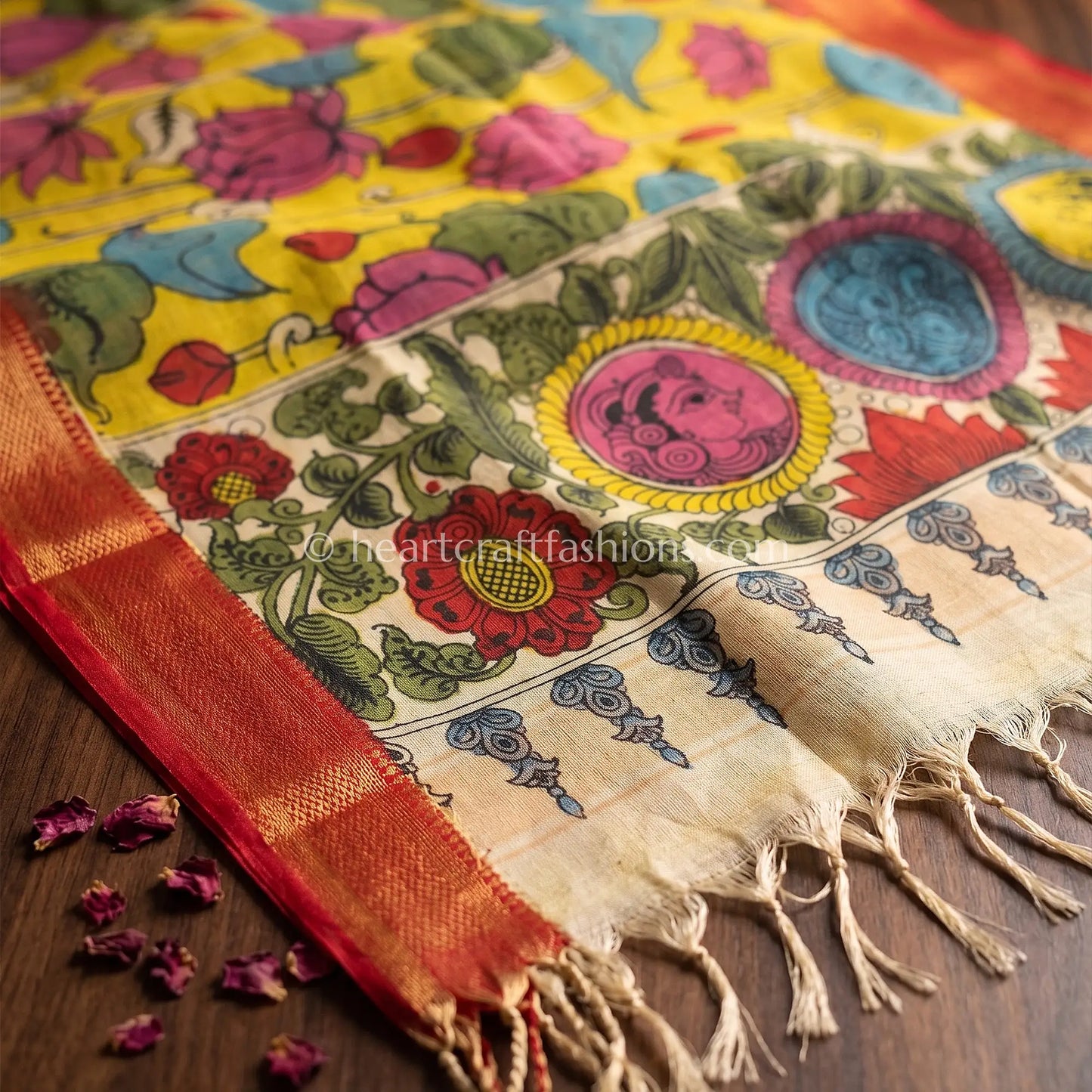 Mustard Yellow Kalamkari Hand Painted Bangalore Silk Lotus Pond Dupatta