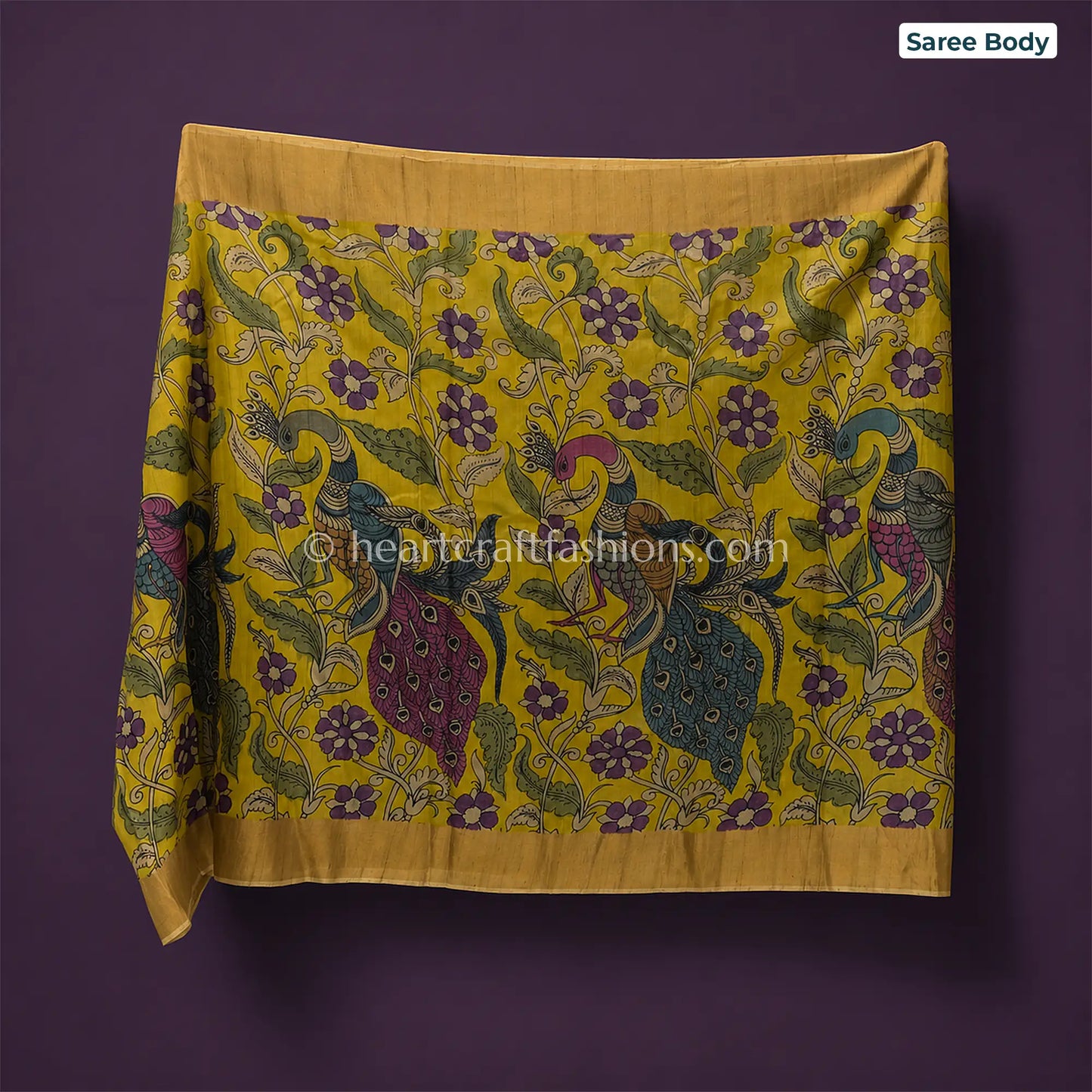 Mustard Yellow Multicolor Peacock Kalamkari Bangalore Silk Saree