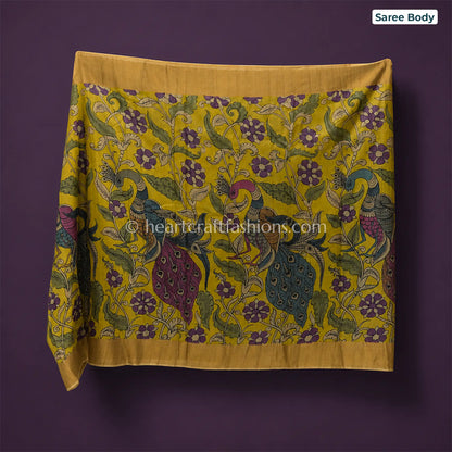 Mustard Yellow Multicolor Peacock Kalamkari Bangalore Silk Saree