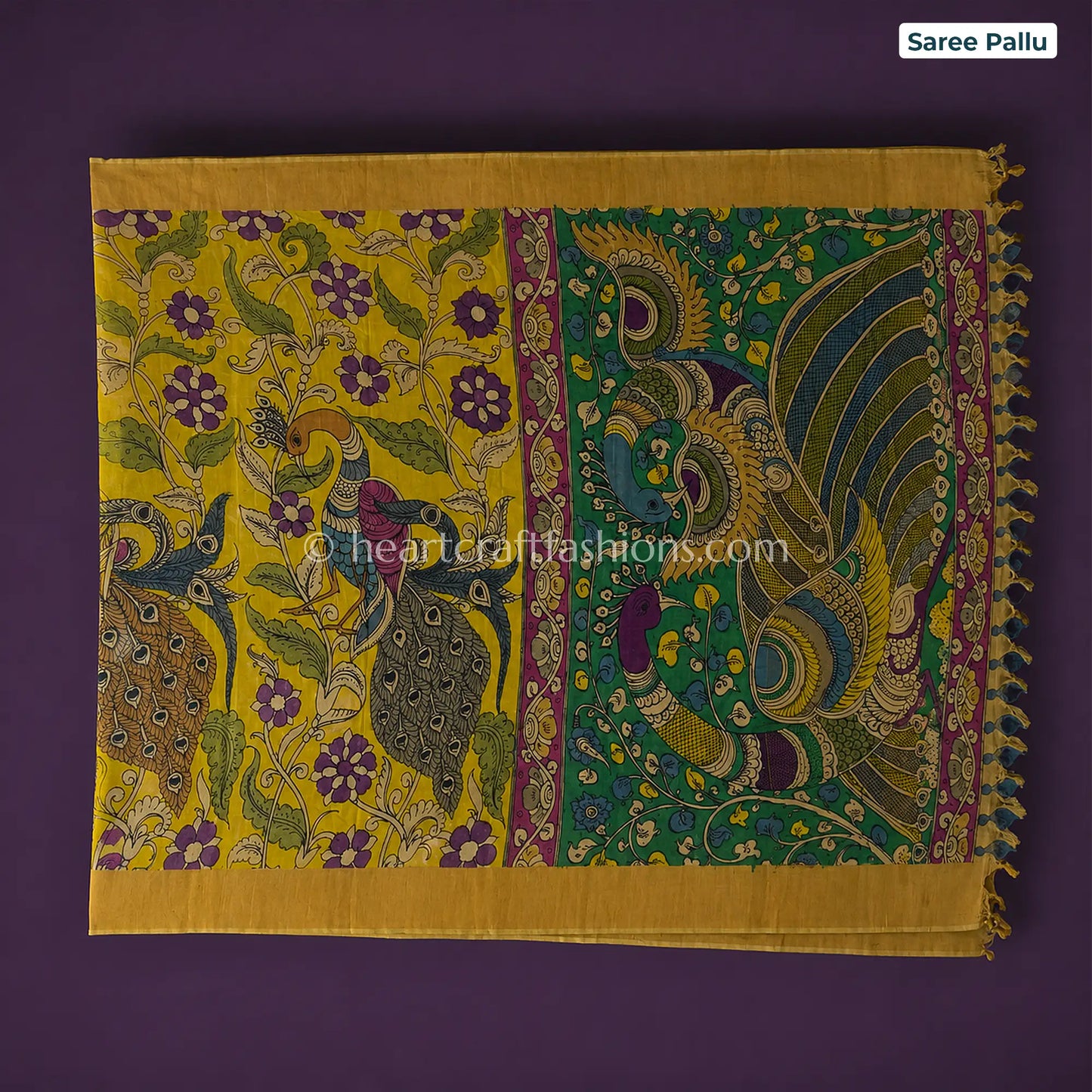 Mustard Yellow Multicolor Peacock Kalamkari Bangalore Silk Saree