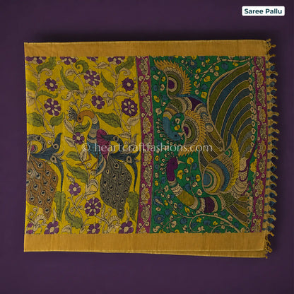 Mustard Yellow Multicolor Peacock Kalamkari Bangalore Silk Saree