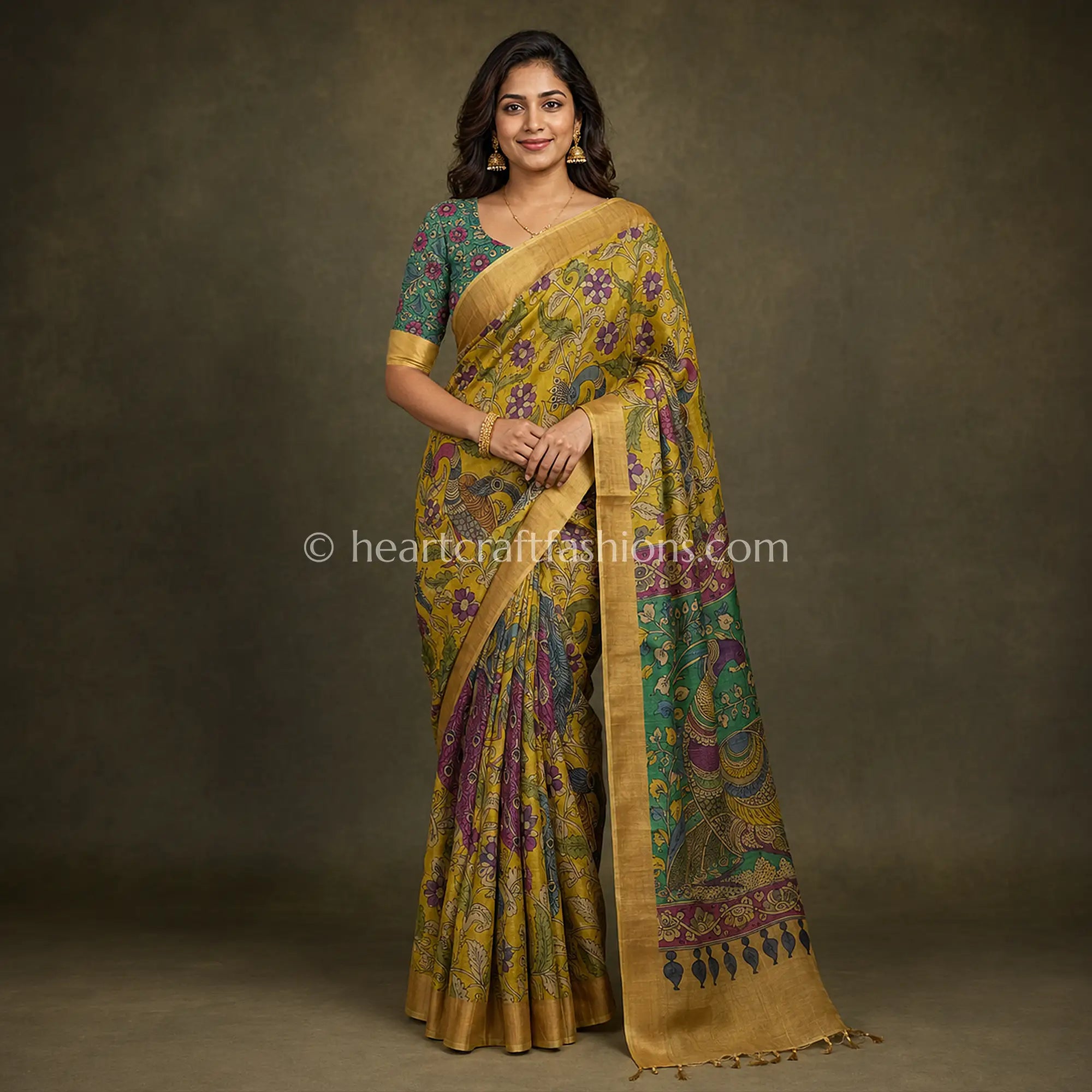 Mustard Yellow-green Peacock Pen Kalamkari Desi Tusser Silk Saree