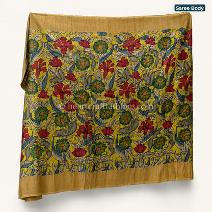 Mustard Yellow & Blue Multicolor Floral Animal Kalamkari Bangalore Silk Saree