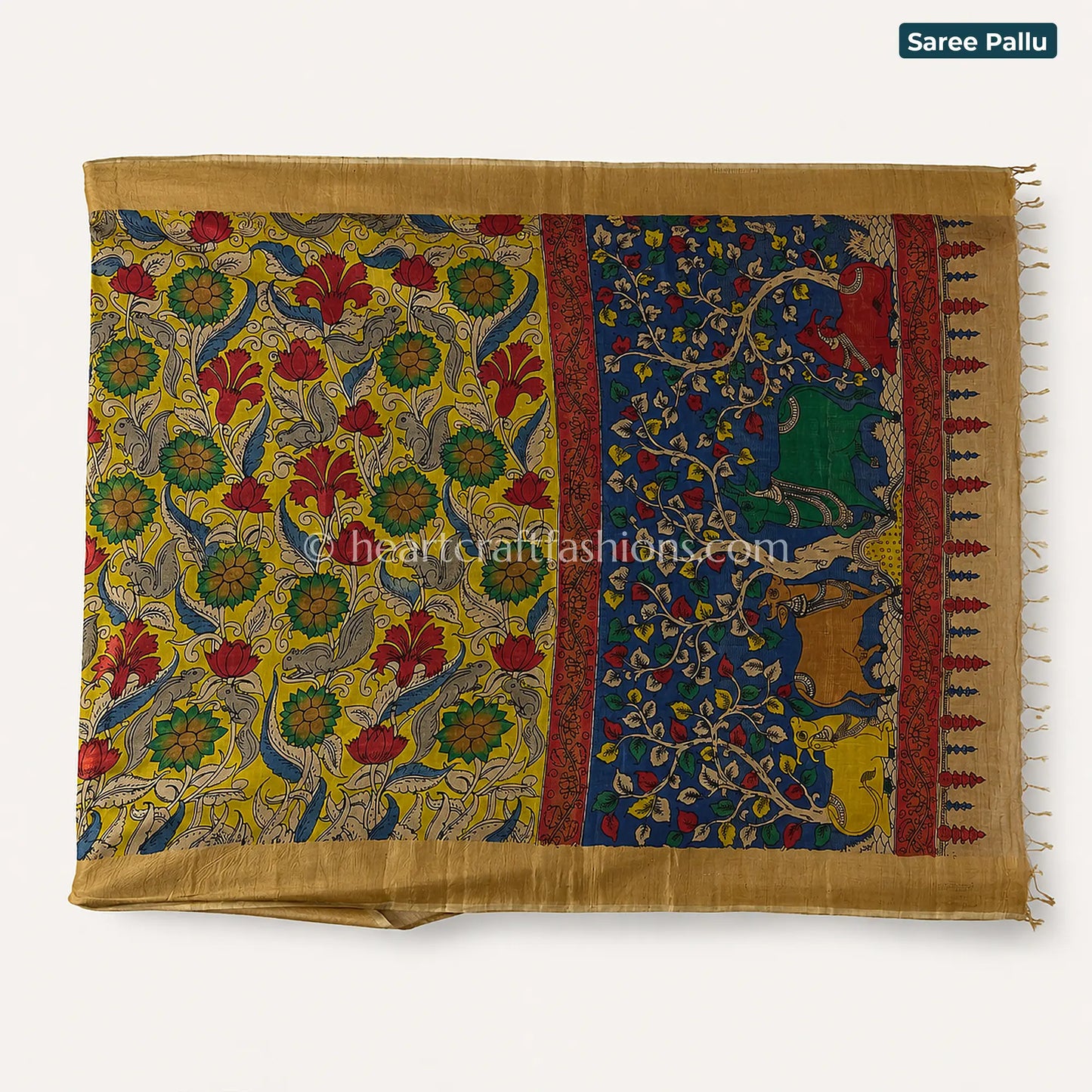 Mustard Yellow & Blue Multicolor Floral Animal Kalamkari Bangalore Silk Saree