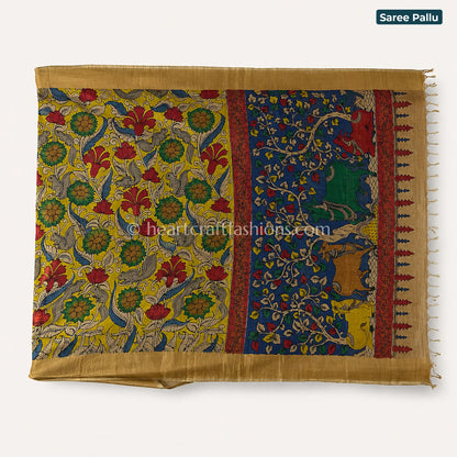 Mustard Yellow & Blue Multicolor Floral Animal Kalamkari Bangalore Silk Saree