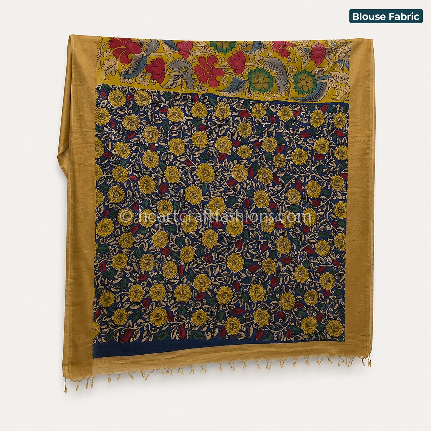 Mustard Yellow & Blue Multicolor Floral Animal Kalamkari Bangalore Silk Saree