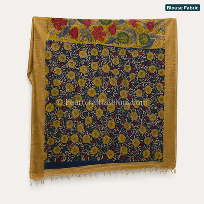 Mustard Yellow & Blue Multicolor Floral Animal Kalamkari Bangalore Silk Saree