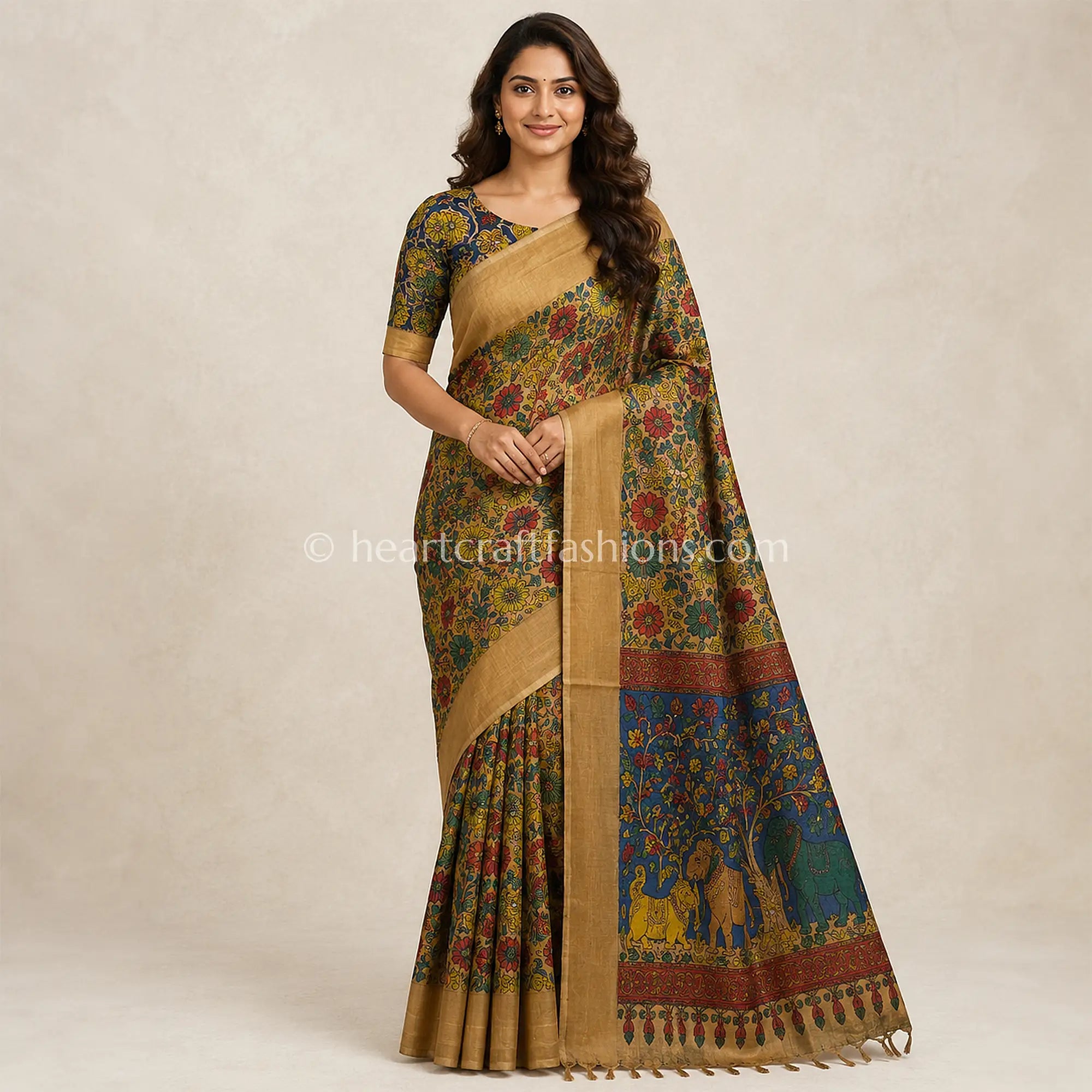 Mustard Yellow & Blue Multicolor Floral Animal Pen Kalamkari Desi Tusser Silk Saree