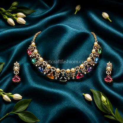 Navratna Cabochon & Pearl Rose Gold Choker Set