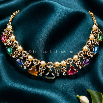Navratna Cabochon & Pearl Rose Gold Choker Set