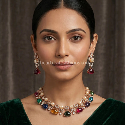 Navratna Cabochon & Pearl Rose Gold Choker Set