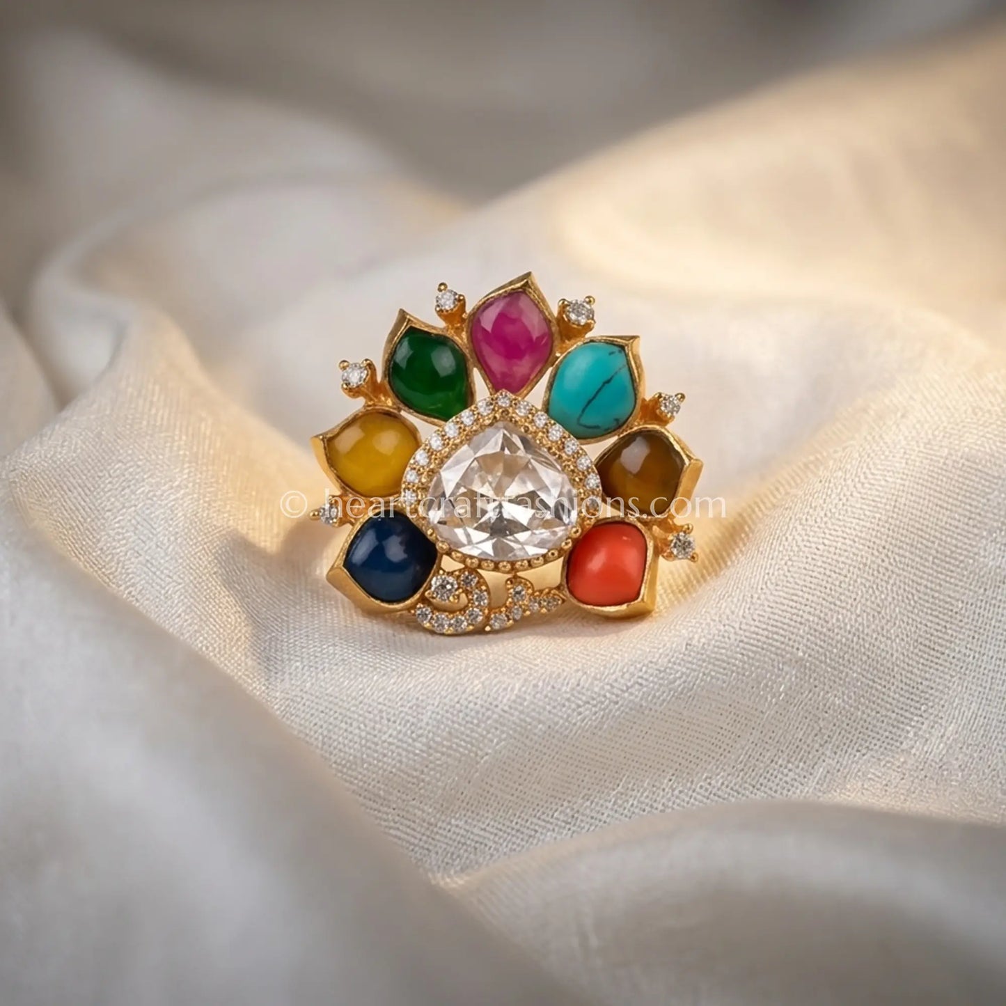 Navratna Pushp Moissanite Polki Ring