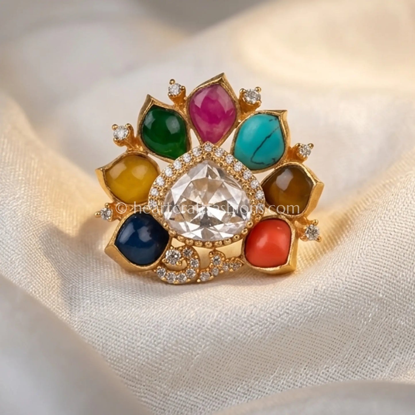Navratna Pushp Moissanite Polki Ring