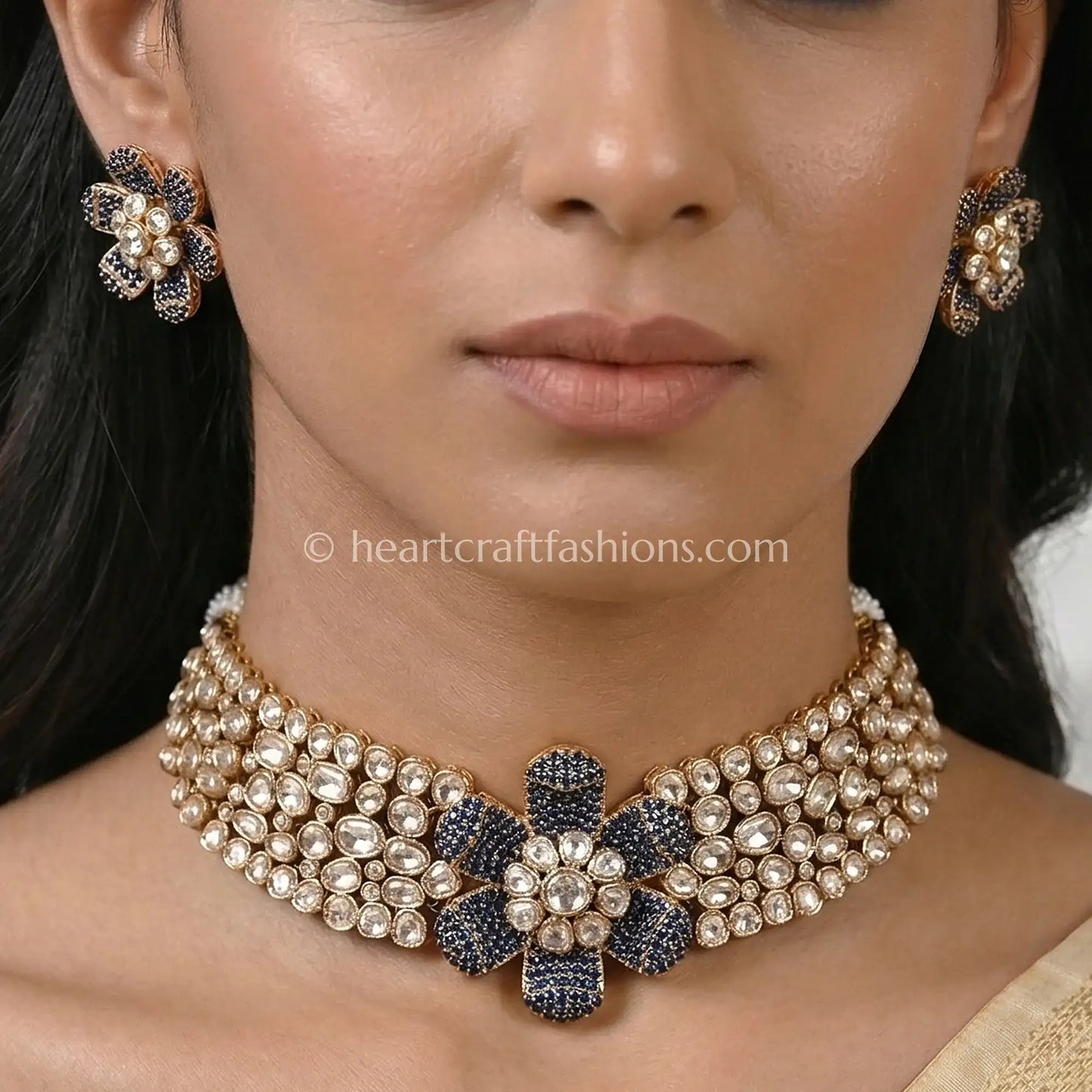 Noira Blue Moissanite Polki Floral Choker Set
