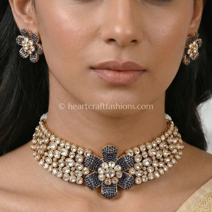 Noira Blue Moissanite Polki Floral Choker Set