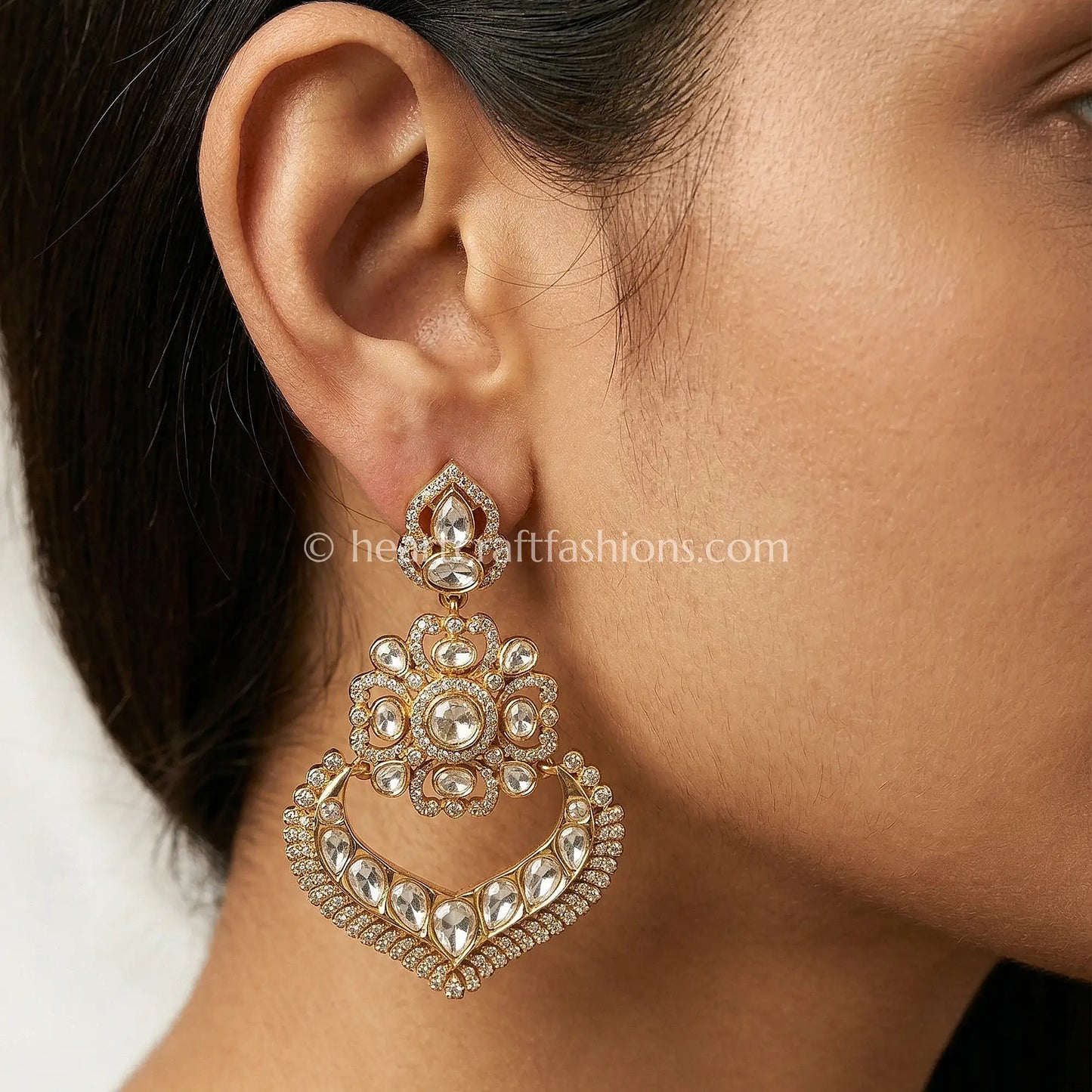 Noor Hriday Moissanite Polki Heart Chandbali Earrings