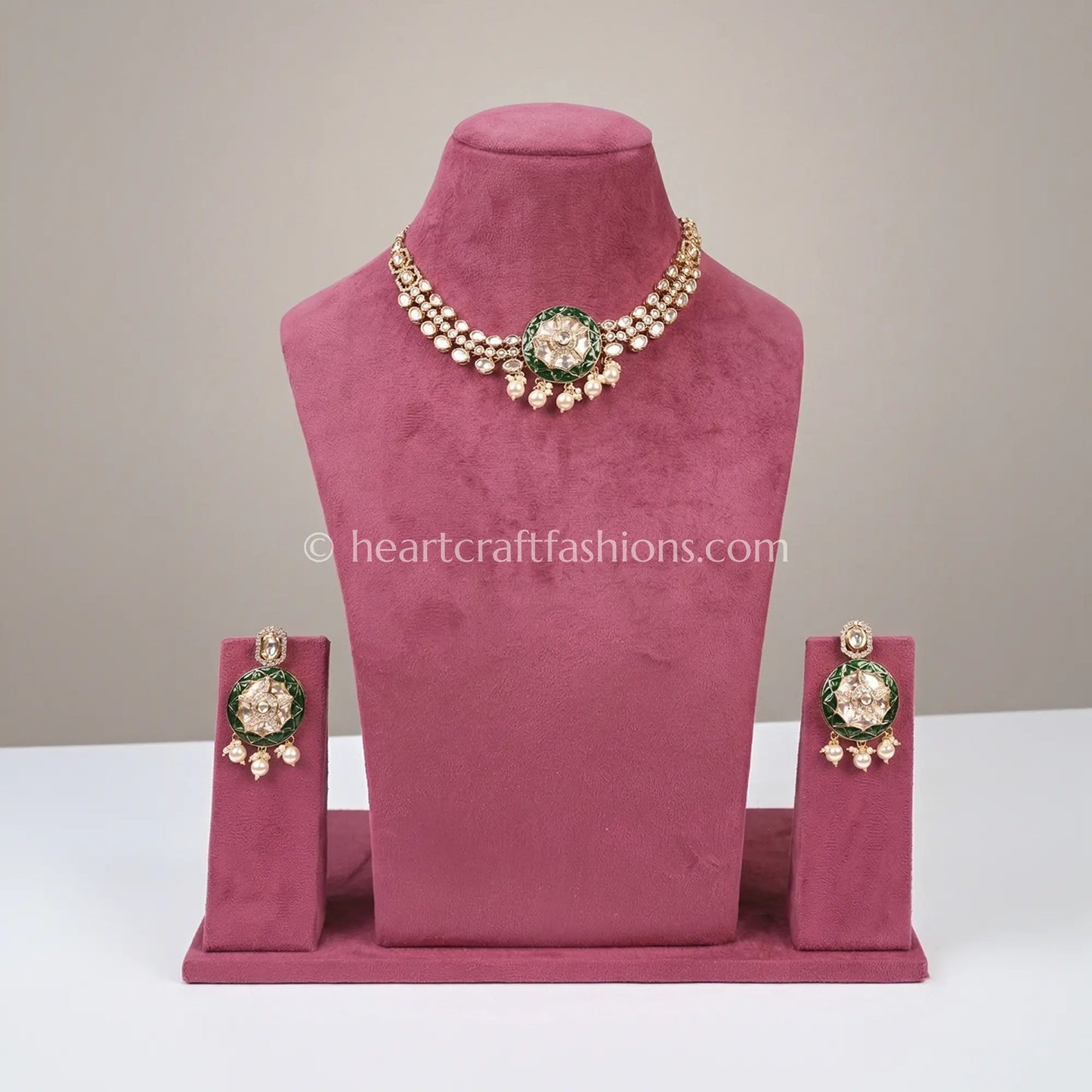 Noor Sunehri Kundan Green Stone Choker Set