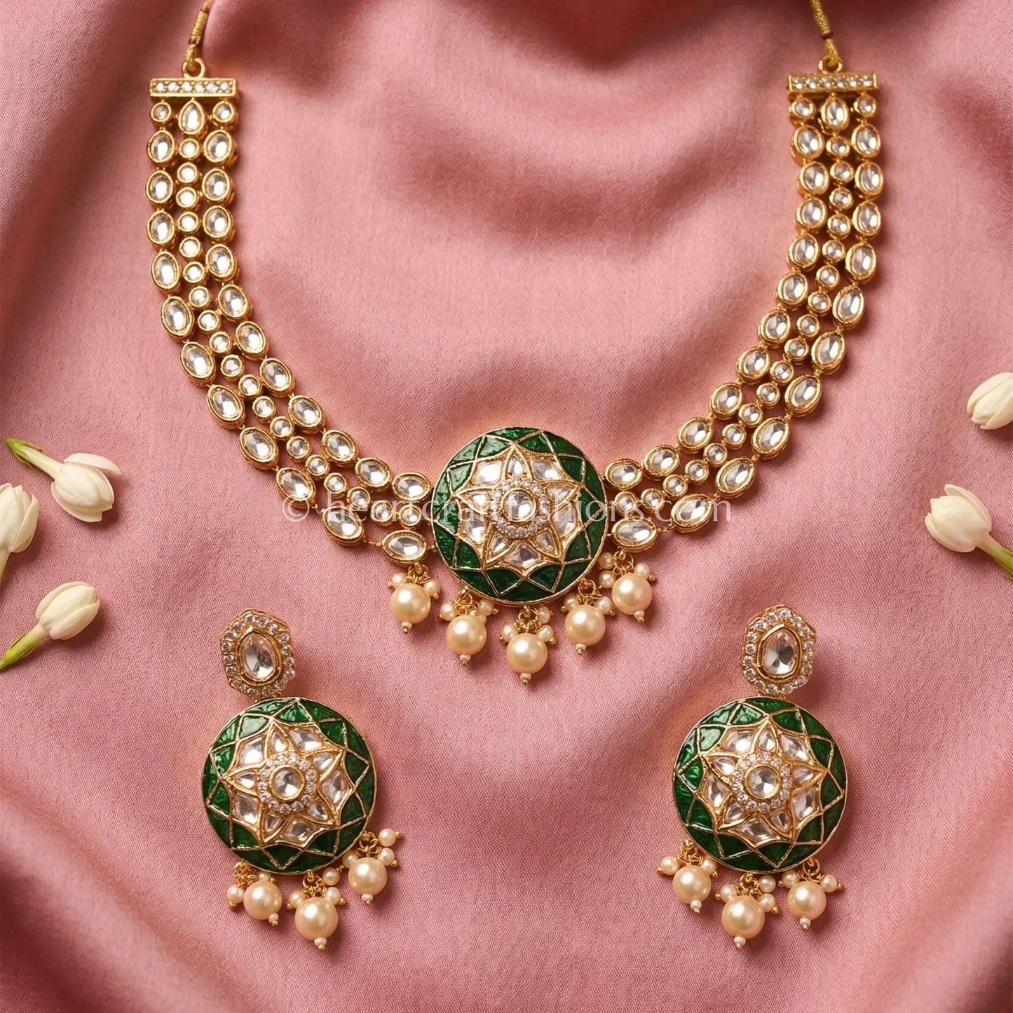 Noor Sunehri Kundan Green Stone Choker Set