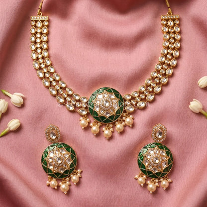 Noor Sunehri Kundan Green Stone Choker Set