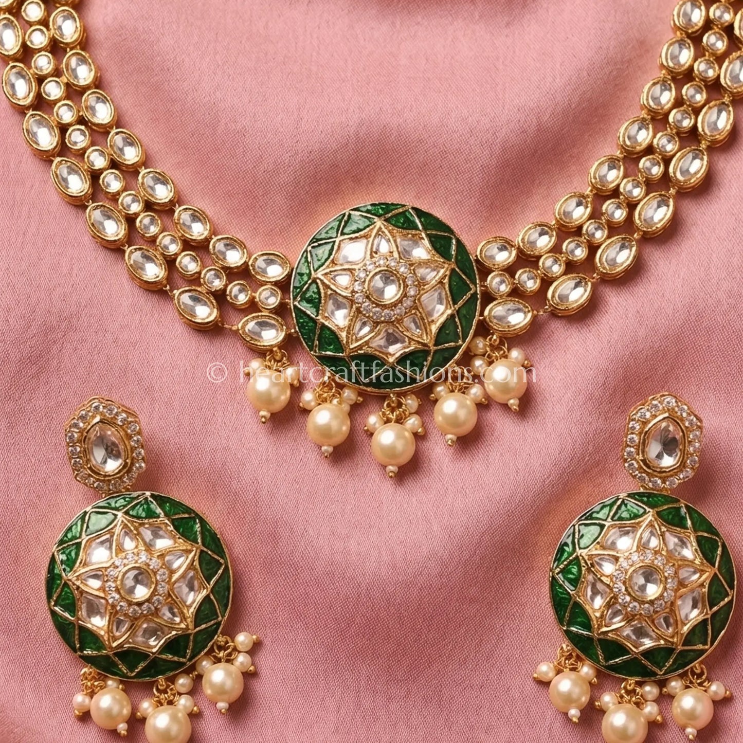 Noor Sunehri Kundan Green Stone Choker Set