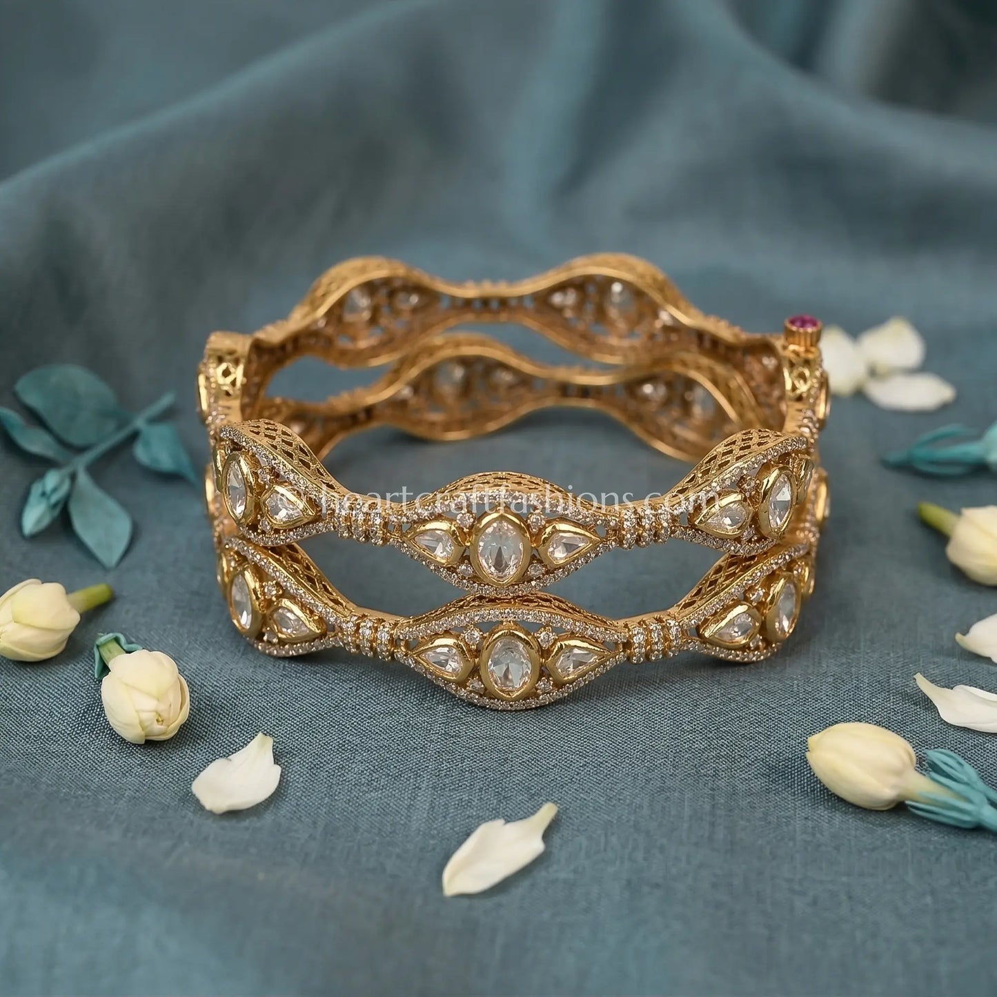 Emerald Ruby Doublet Sunehri Kundan Bangles