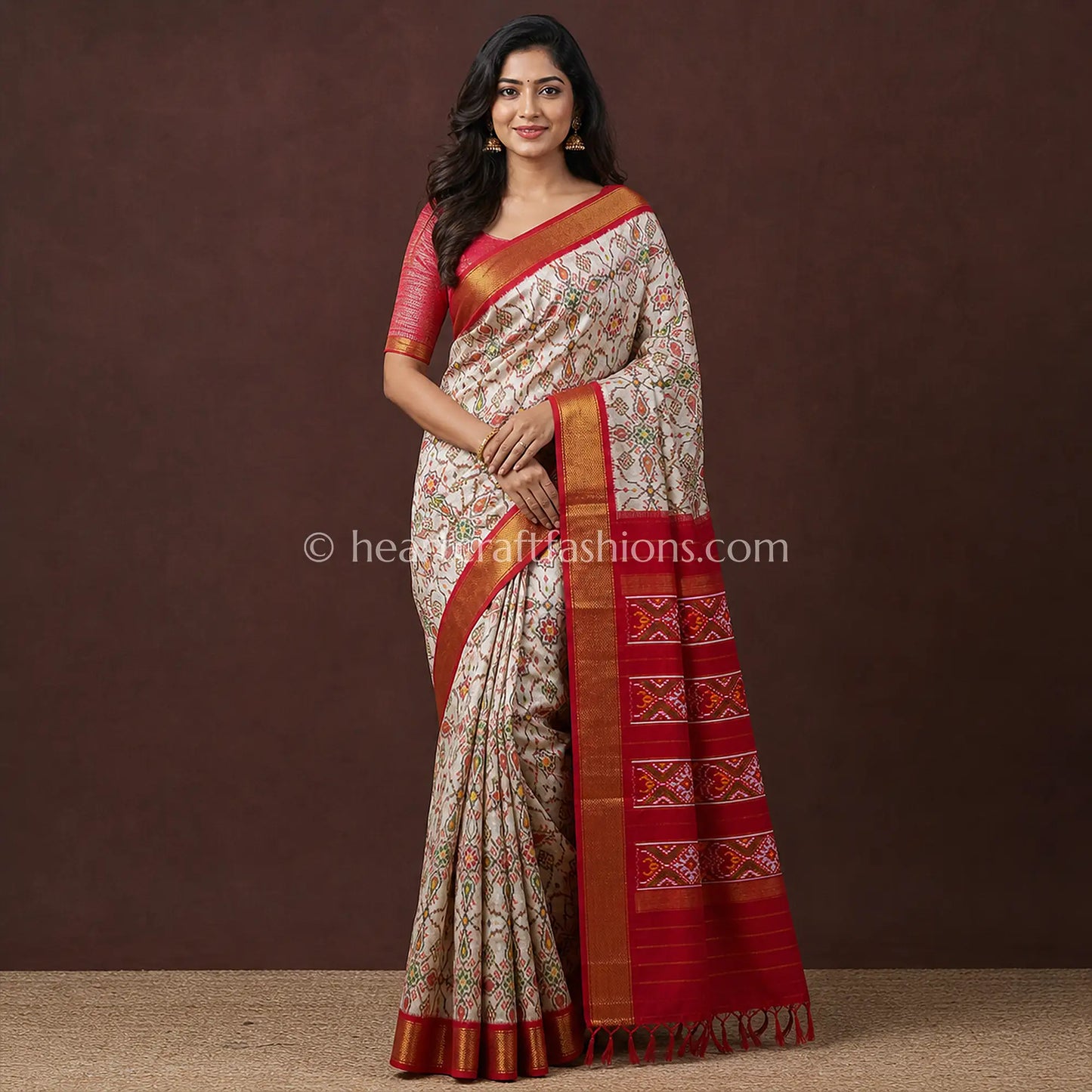 Off White & Red Traditional Patola Silk Saree