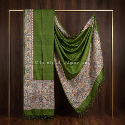 Olive Green Hand Painted Madhubani Dupatta