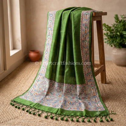 Olive Green Hand Painted Madhubani Dupatta