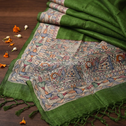 Olive Green Hand Painted Madhubani Dupatta
