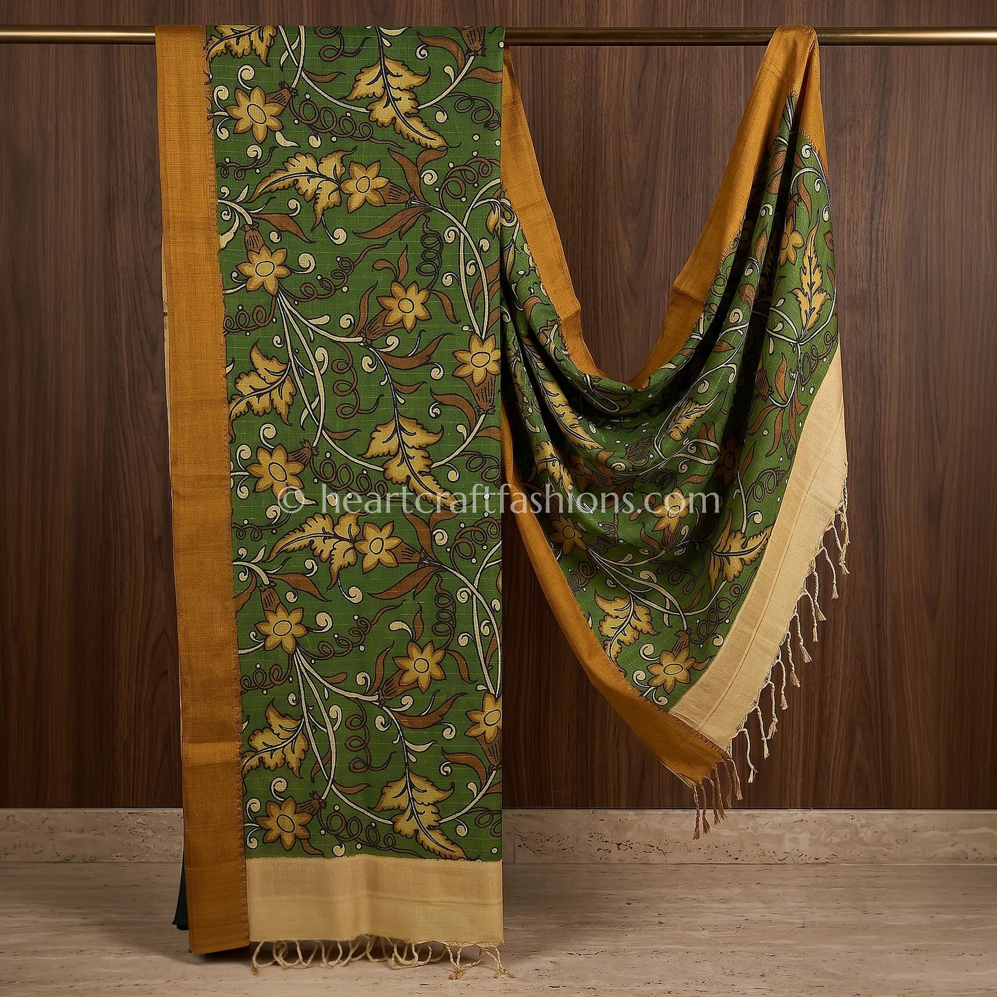 Olive Green Kalamkari Hand Painted Bangalore Silk Floral Vine Dupatta