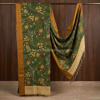 Olive Green Kalamkari Hand Painted Bangalore Silk Floral Vine Dupatta