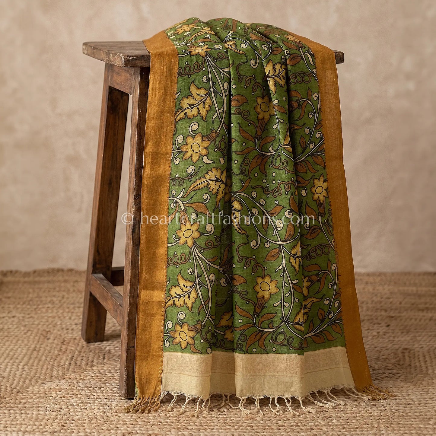 Olive Green Kalamkari Hand Painted Bangalore Silk Floral Vine Dupatta