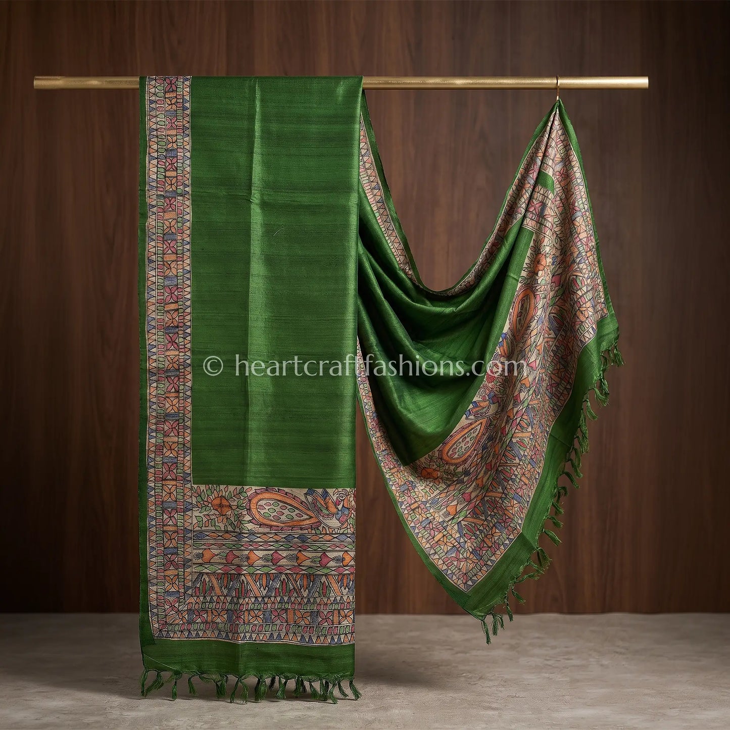 Olive Green Tusser Peacock Motif Hand Painted Madhubani Dupatta