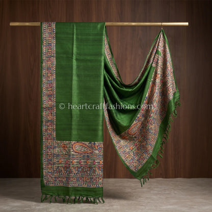 Olive Green Tusser Peacock Motif Hand Painted Madhubani Dupatta