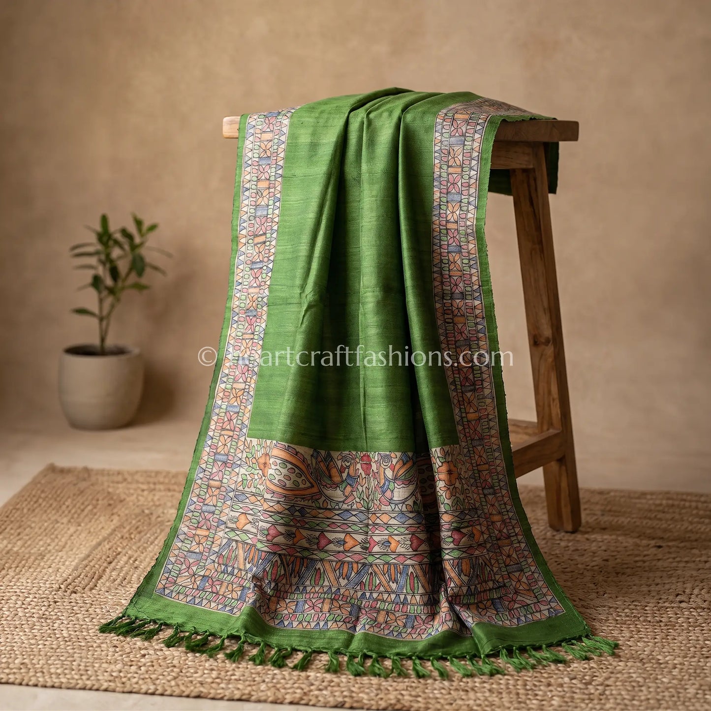 Olive Green Tusser Peacock Motif Hand Painted Madhubani Dupatta