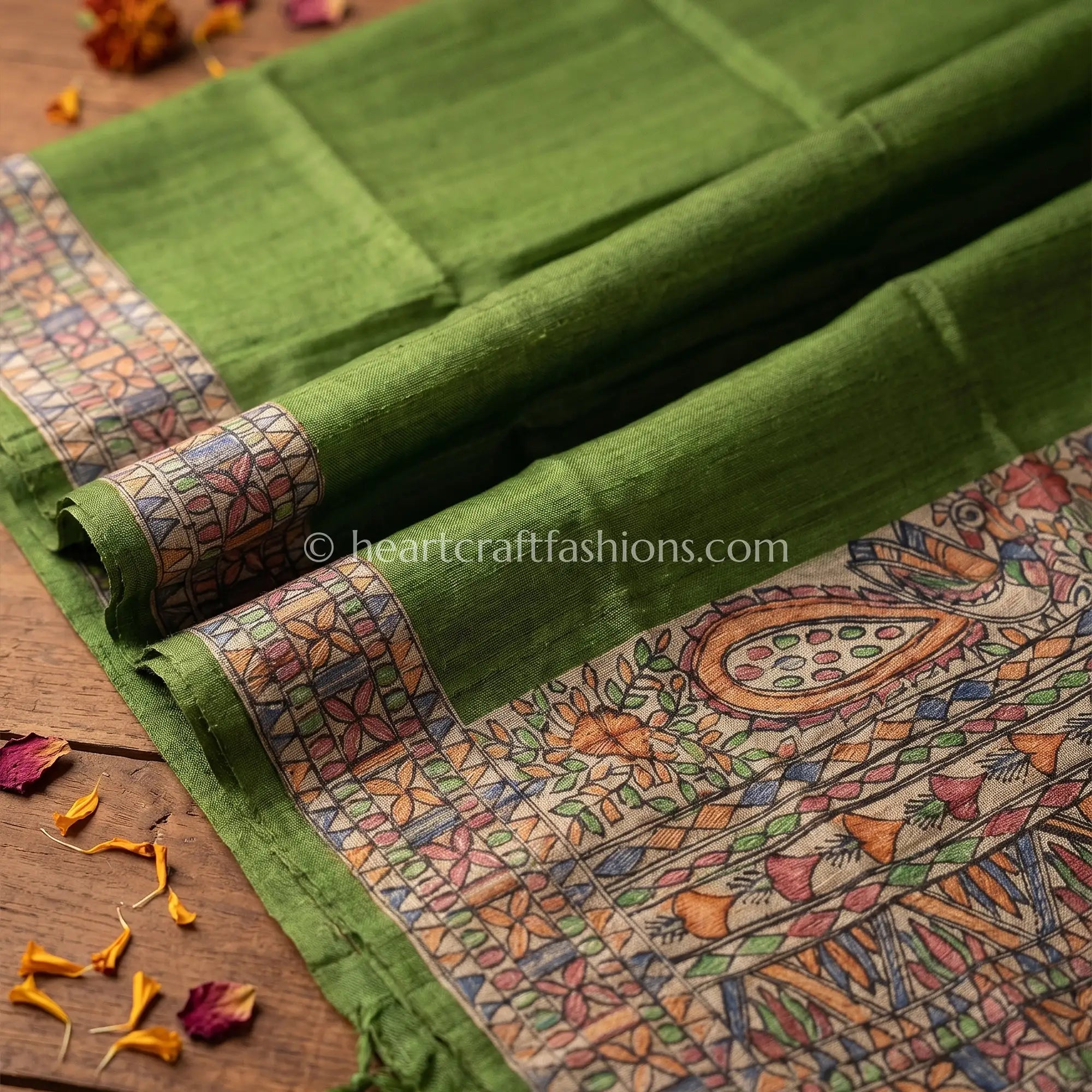 Olive Green Tusser Peacock Motif Hand Painted Madhubani Dupatta