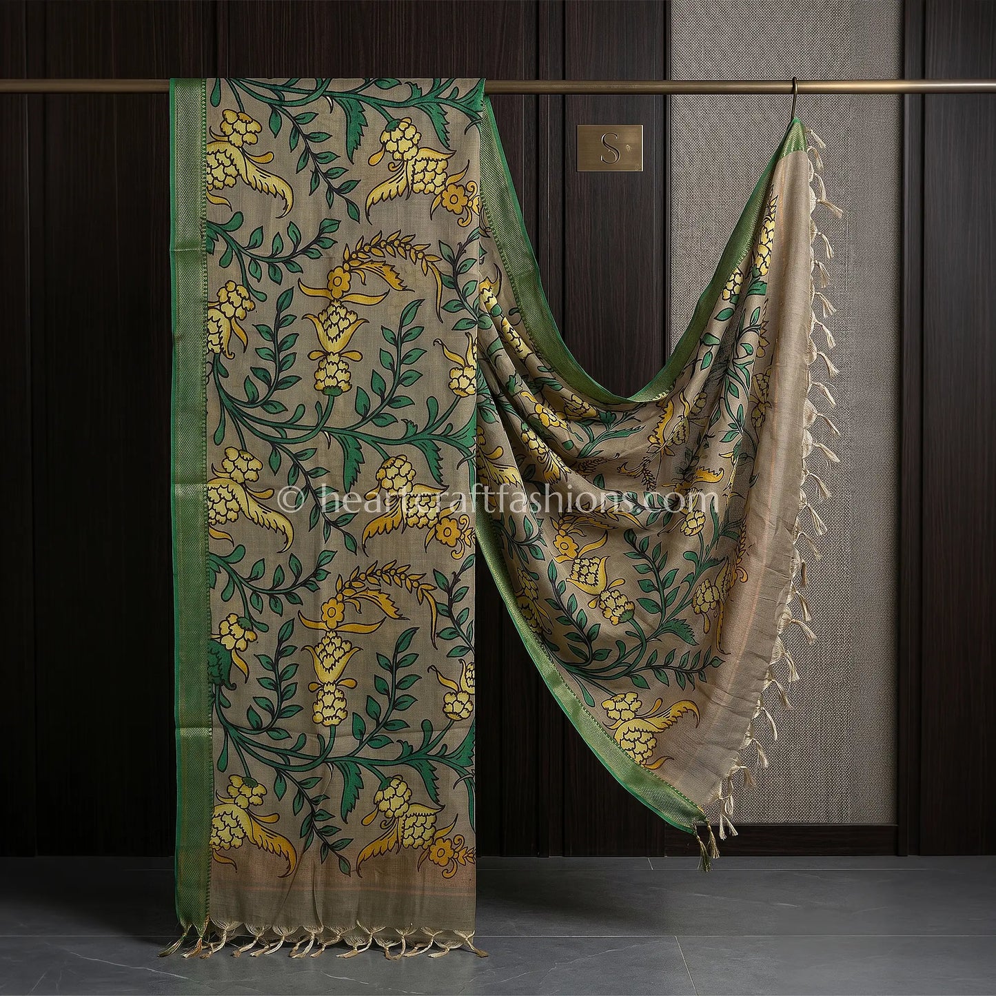 Olive Grey Kalamkari Hand Painted Bangalore Silk Floral Vine Dupatta