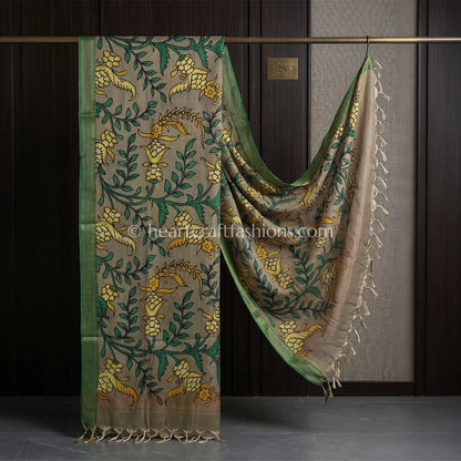 Olive Grey Kalamkari Hand Painted Bangalore Silk Floral Vine Dupatta