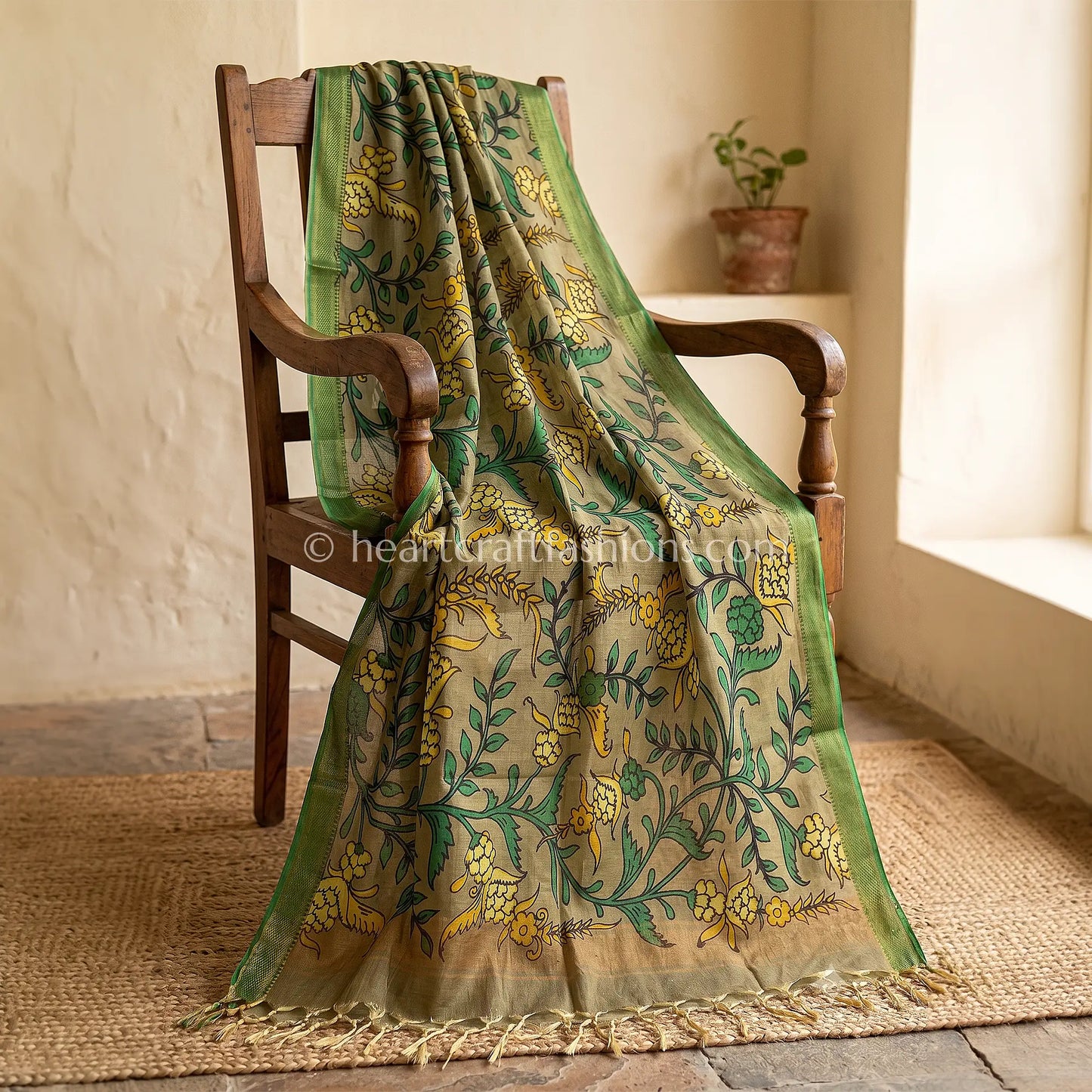 Olive Grey Kalamkari Hand Painted Bangalore Silk Floral Vine Dupatta