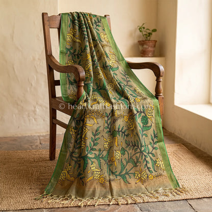 Olive Grey Kalamkari Hand Painted Bangalore Silk Floral Vine Dupatta