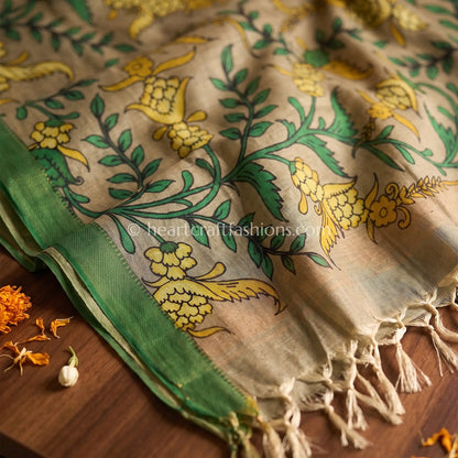 Olive Grey Kalamkari Hand Painted Bangalore Silk Floral Vine Dupatta