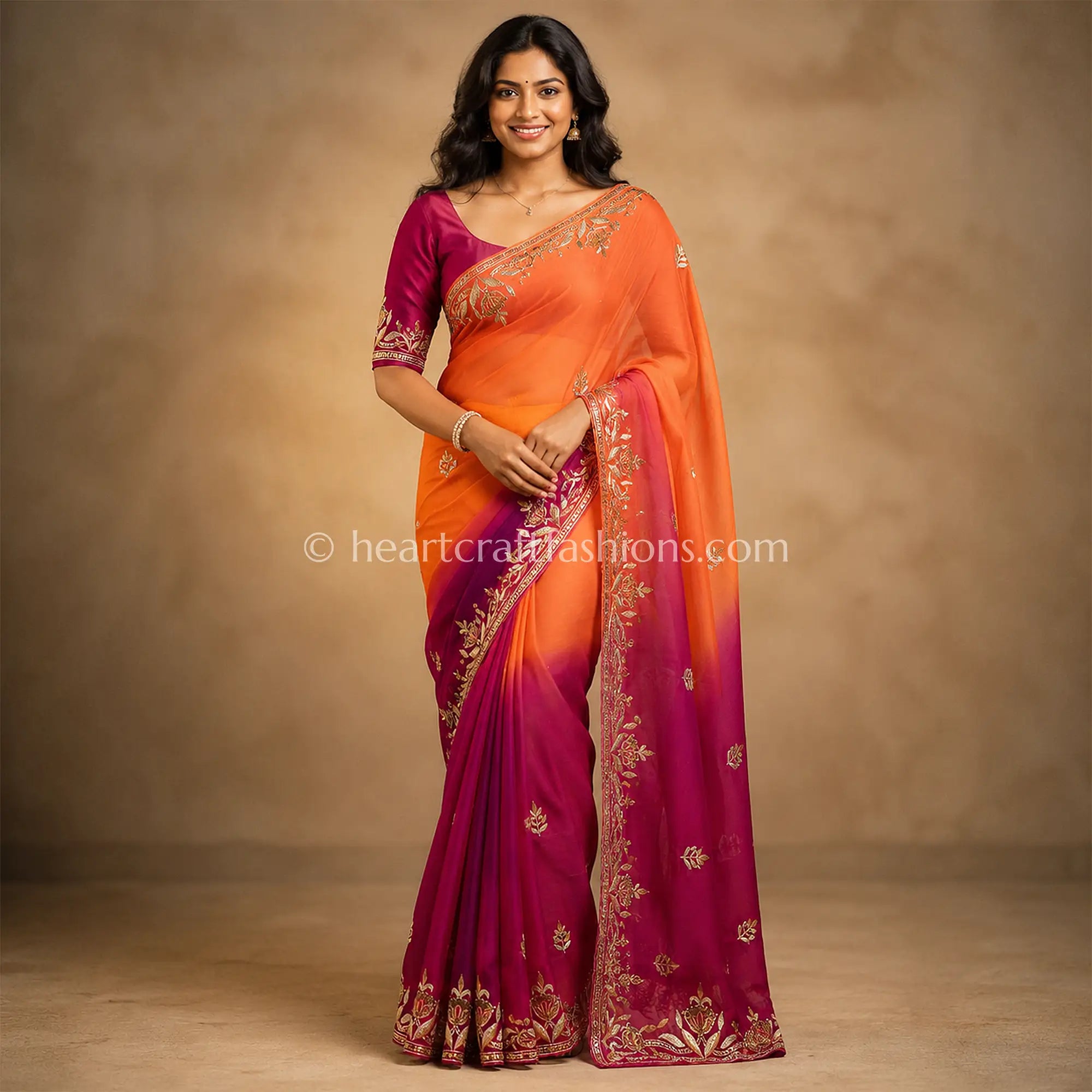 Ombre Orange Pink Designer Kora Silk Gota Patti & Heavy Pita Handwork Saree